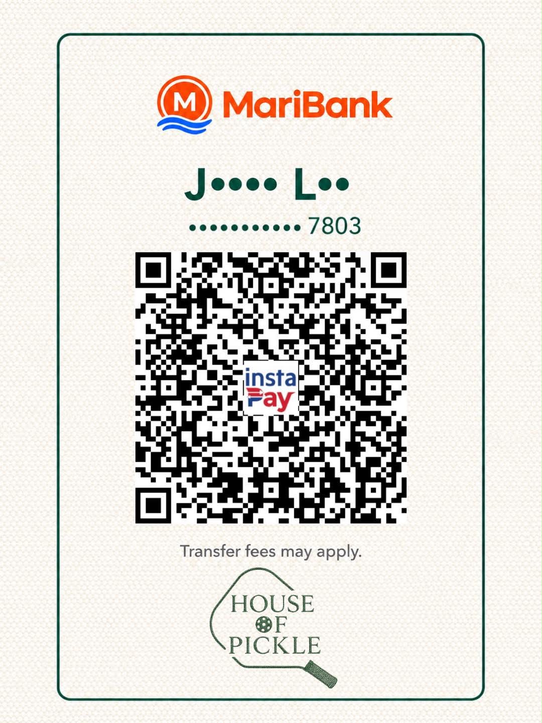 House of Pickle's MariBank InstaPay QR code. The account name and number printed on the card are partly hidden.